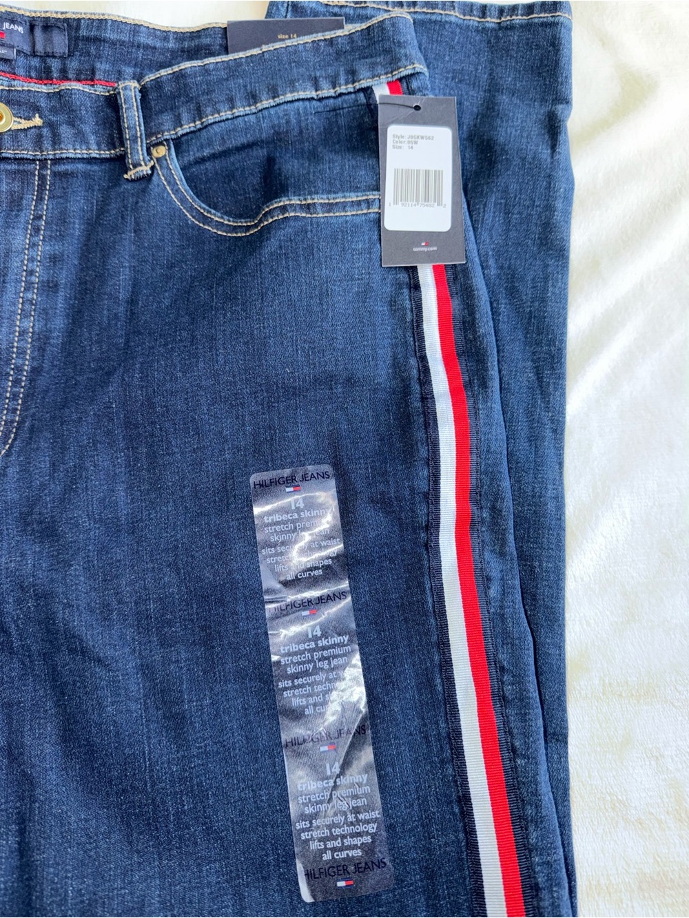 Tommy Hilfiger Women’s Dark Blue Jeans with Red & White Side Stripes - Picture 2 of 6